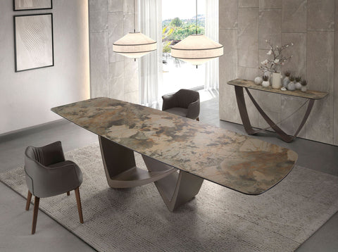 Ausziehbarer ovaler Esstisch mit Porzellanmarmor und Taupe-Metallic-Beinen
