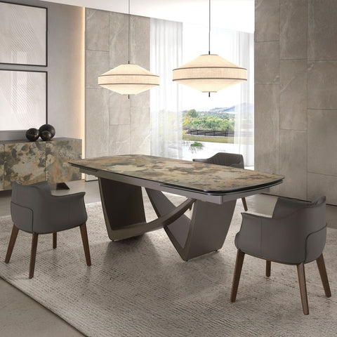 Ausziehbarer ovaler Esstisch mit Porzellanmarmor und Taupe-Metallic-Beinen
