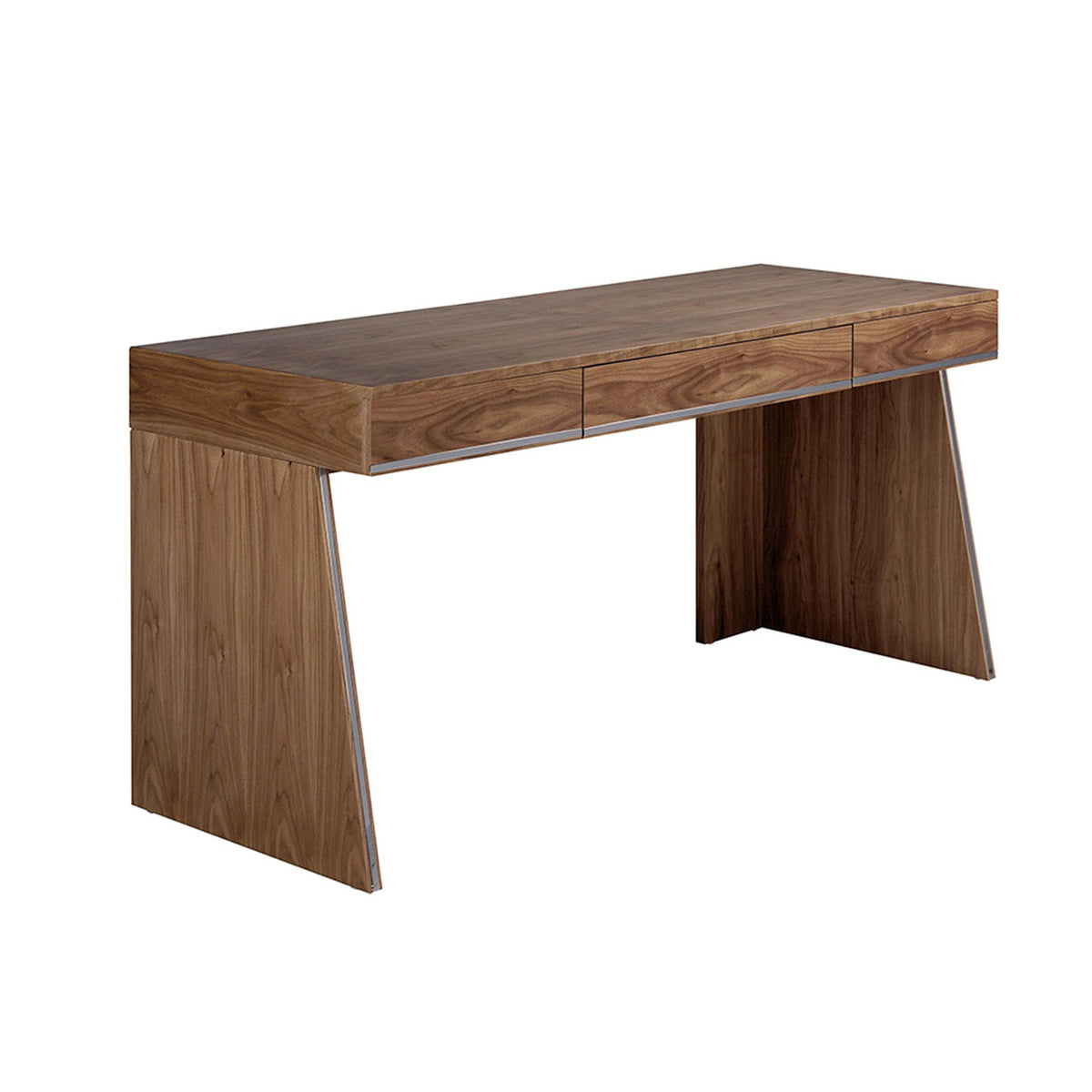 Designer Schreibtisch aus Nussbaumholz mit Chromakzenten und 3 Schubladen