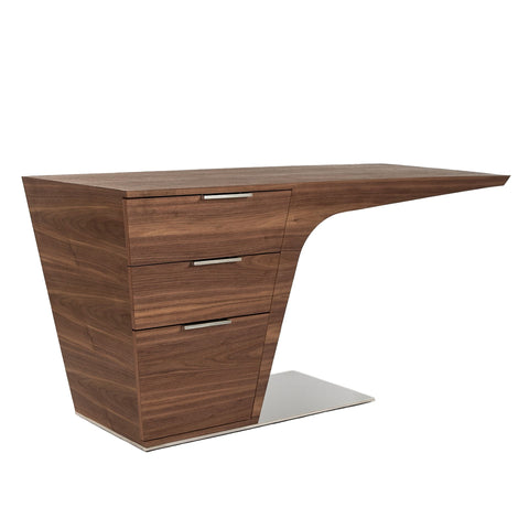 Designer Schreibtisch aus Nussbaumholz mit verchromtem Stahlgestell und 3 Schubladen