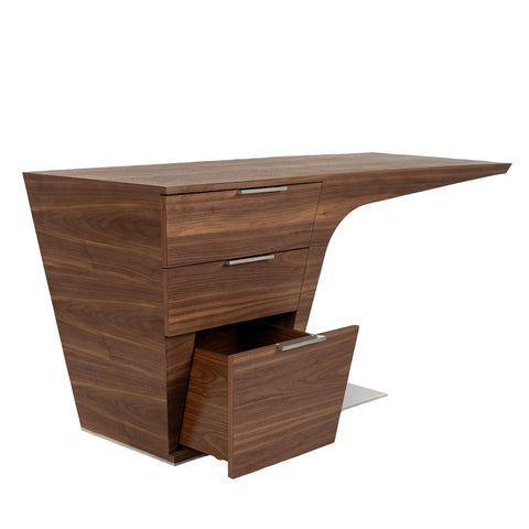 Designer Schreibtisch aus Nussbaumholz mit verchromtem Stahlgestell und 3 Schubladen