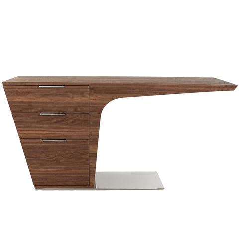 Designer Schreibtisch aus Nussbaumholz mit verchromtem Stahlgestell und 3 Schubladen