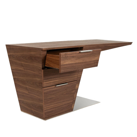 Designer Schreibtisch aus Nussbaumholz mit verchromtem Stahlgestell und 3 Schubladen