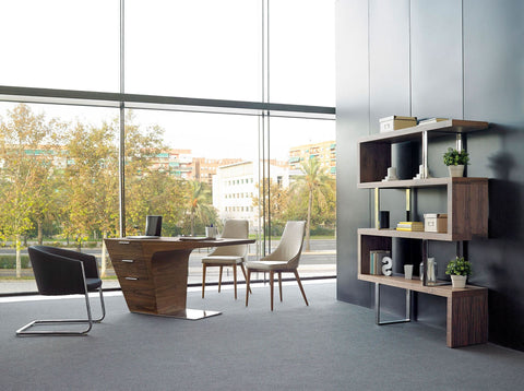 Designer Schreibtisch aus Nussbaumholz mit verchromtem Stahlgestell und 3 Schubladen