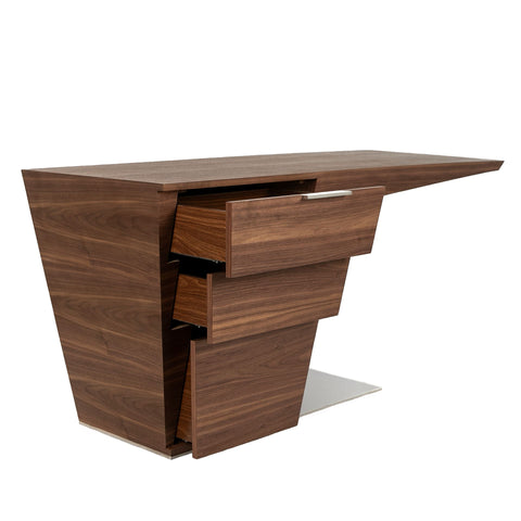 Designer Schreibtisch aus Nussbaumholz mit verchromtem Stahlgestell und 3 Schubladen