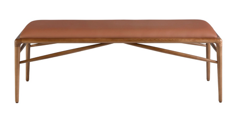 Brauner Kunstleder Designhocker mit Nussbaum-Holzbeinen