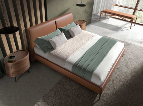 Brauner Kunstleder Designhocker mit Nussbaum-Holzbeinen