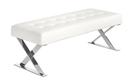 Weißer Öko-Leder Designhocker mit verchromten Edelstahlbeinen