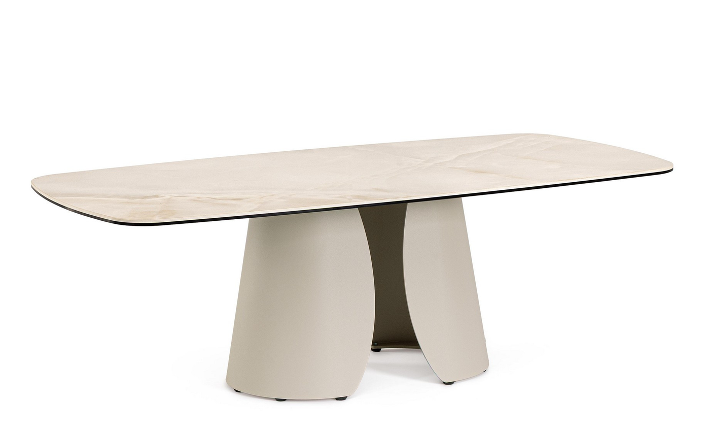 Couchtisch Ardis in Hellbeige mit Keramikplatte im Onyx-Effekt und skulpturalem Stahlfuß
