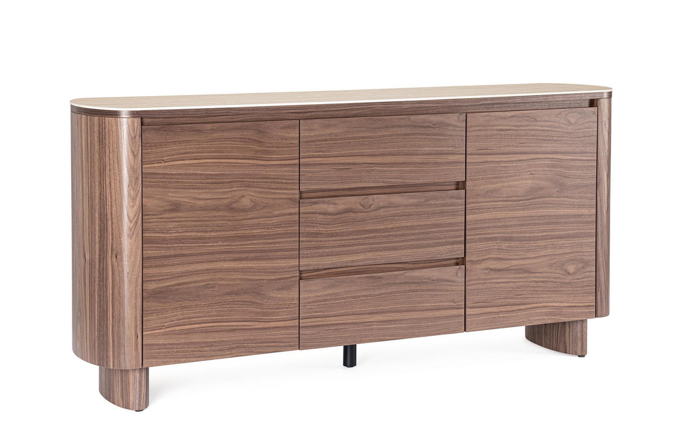 Kommode Ezekiel aus Nussbaumfurnier mit zwei Türen, drei Schubladen und Steinplatte im Travertin-Effekt