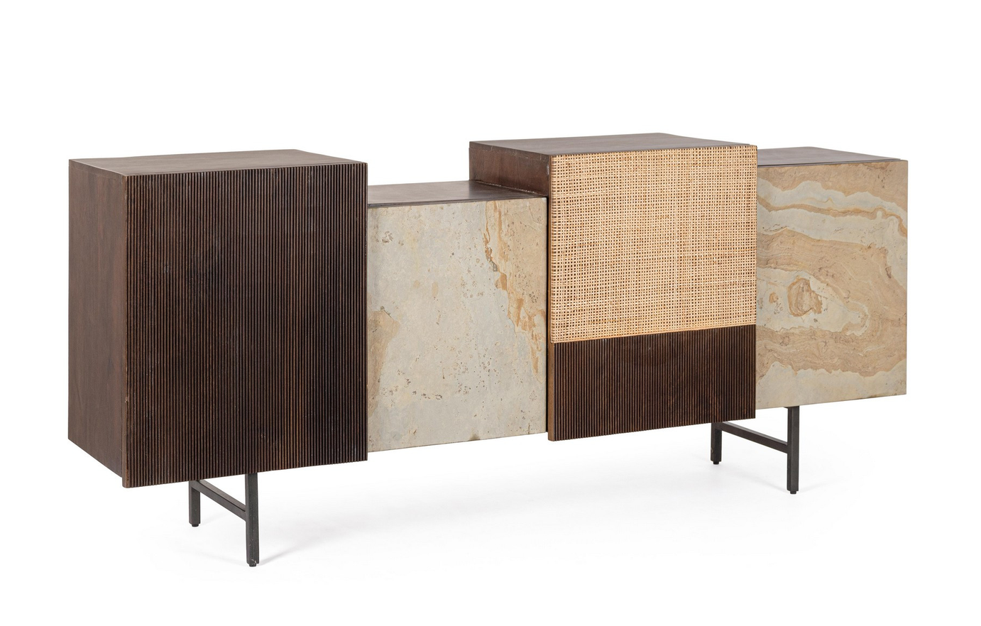 Anrichte Kibik aus Mangoholz mit Natursteinfurnier, Rattanfront und Stahlfüßen