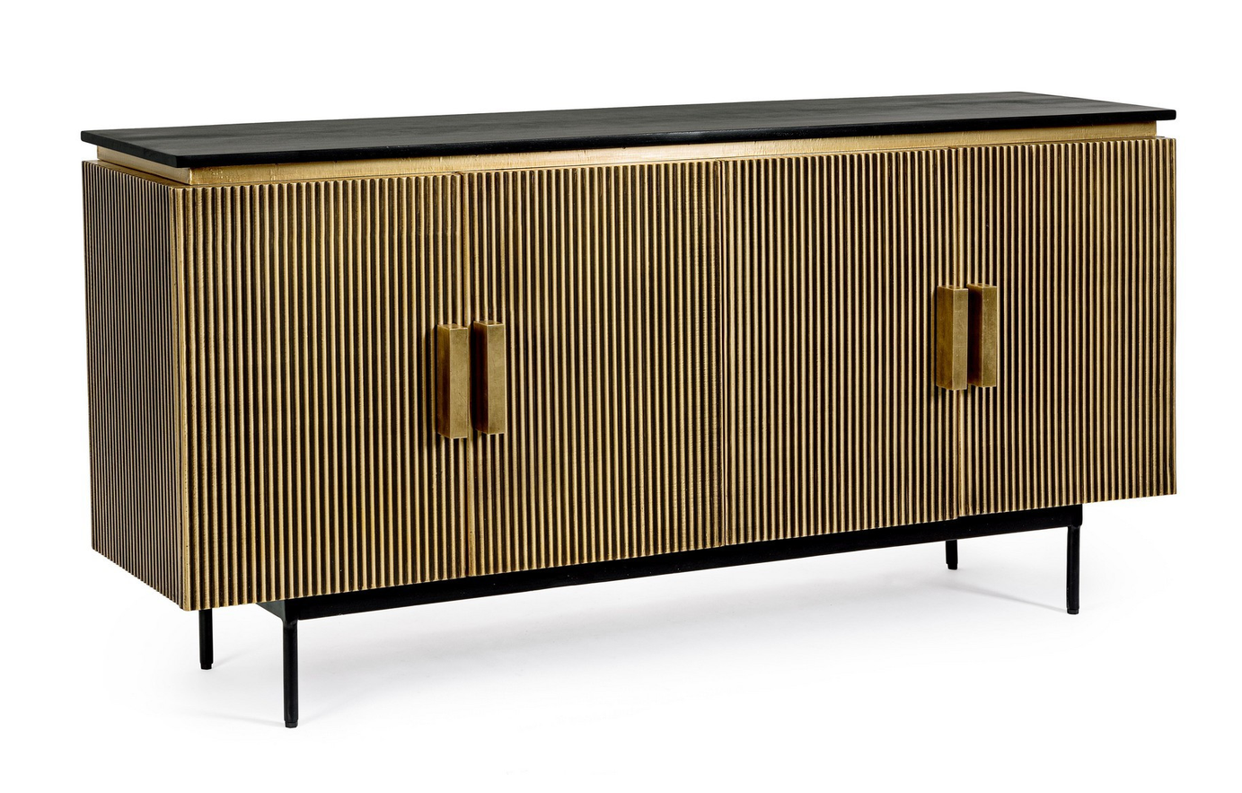Sideboard Virat mit geriffelter Front in antikem Messing, Mangoholzplatte und schwarzen Stahlbeinen