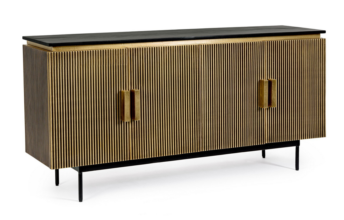 Sideboard Virat mit geriffelter Front in antikem Messing, Mangoholzplatte und schwarzen Stahlbeinen