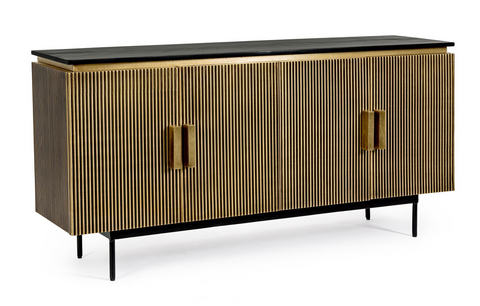 Sideboard Virat mit geriffelter Front in antikem Messing, Mangoholzplatte und schwarzen Stahlbeinen