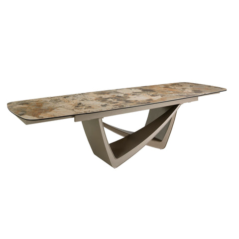 Ausziehbarer ovaler Esstisch mit Porzellanmarmor und Taupe-Metallic-Beinen