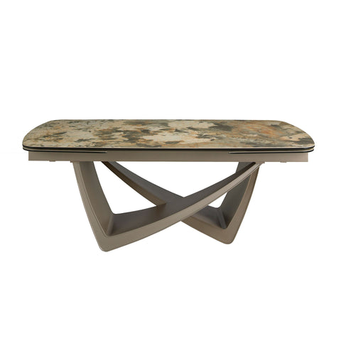 Ausziehbarer ovaler Esstisch mit Porzellanmarmor und Taupe-Metallic-Beinen
