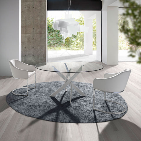 Runder Esstisch aus gehärtetem Glas mit weißen Stahlbeinen