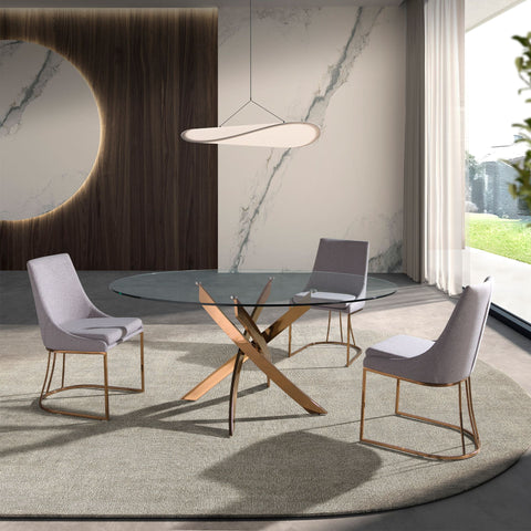 Runder Esstisch aus gehärtetem Glas und roségoldfarbenen Stahl