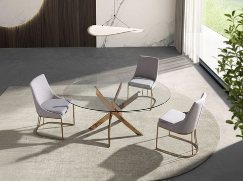 Runder Esstisch aus gehärtetem Glas und roségoldfarbenen Stahl