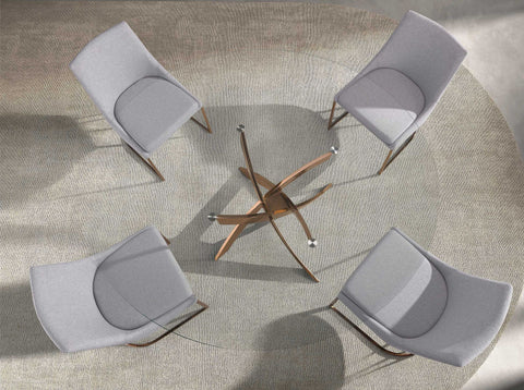 Runder Esstisch aus gehärtetem Glas und roségoldfarbenen Stahl