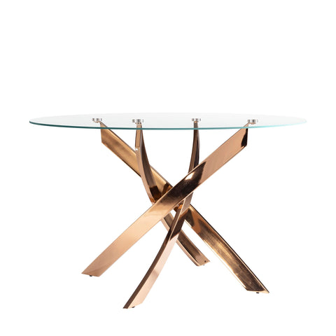 Runder Esstisch aus gehärtetem Glas und roségoldfarbenen Stahl
