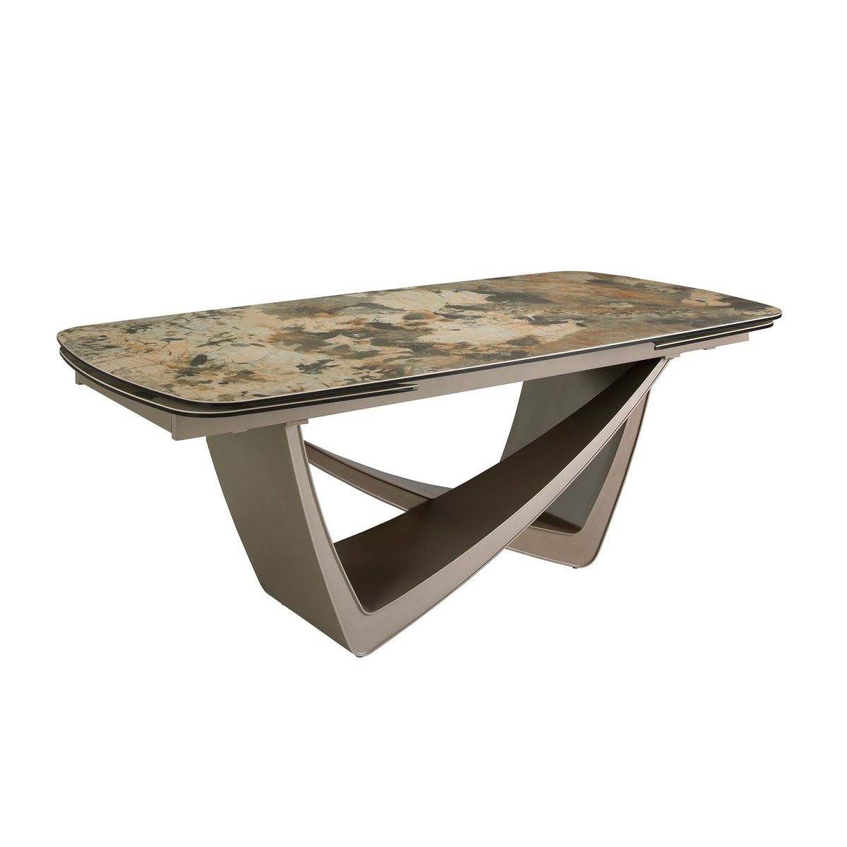 Ausziehbarer ovaler Esstisch mit Porzellanmarmor und Taupe-Metallic-Beinen