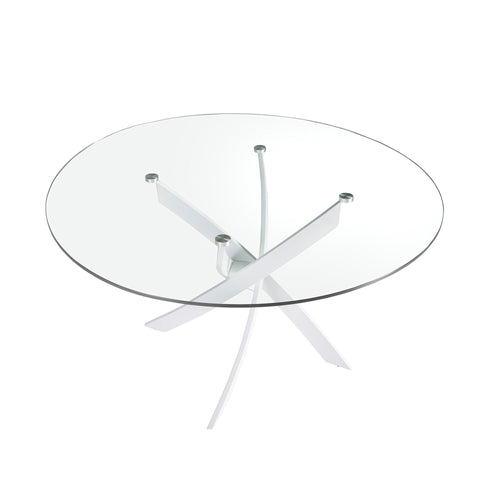 Runder Esstisch aus gehärtetem Glas mit weißen Stahlbeinen